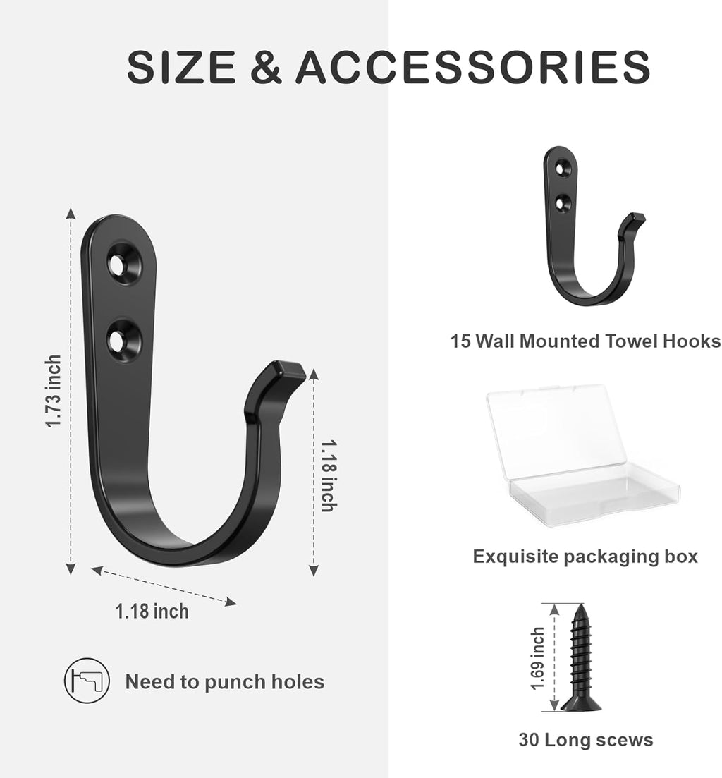 15PCS Wall Hooks for Hanging - Heavy Duty Coat Hooks for Wall, Coats, Backpacks - Black Metal Hooks for Hanging Wall - Wall Mounted Clothes Hooks for Hats, Towels, Clothing