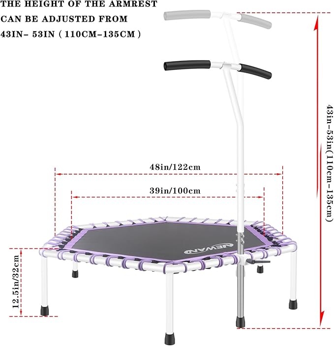 Newan 48'' Fitness Trampoline with Adjustable Handle Bar, Silent Trampoline Bungee Rebounder Jumping Cardio Trainer Workout for Adults - Max Limit 330 lbs