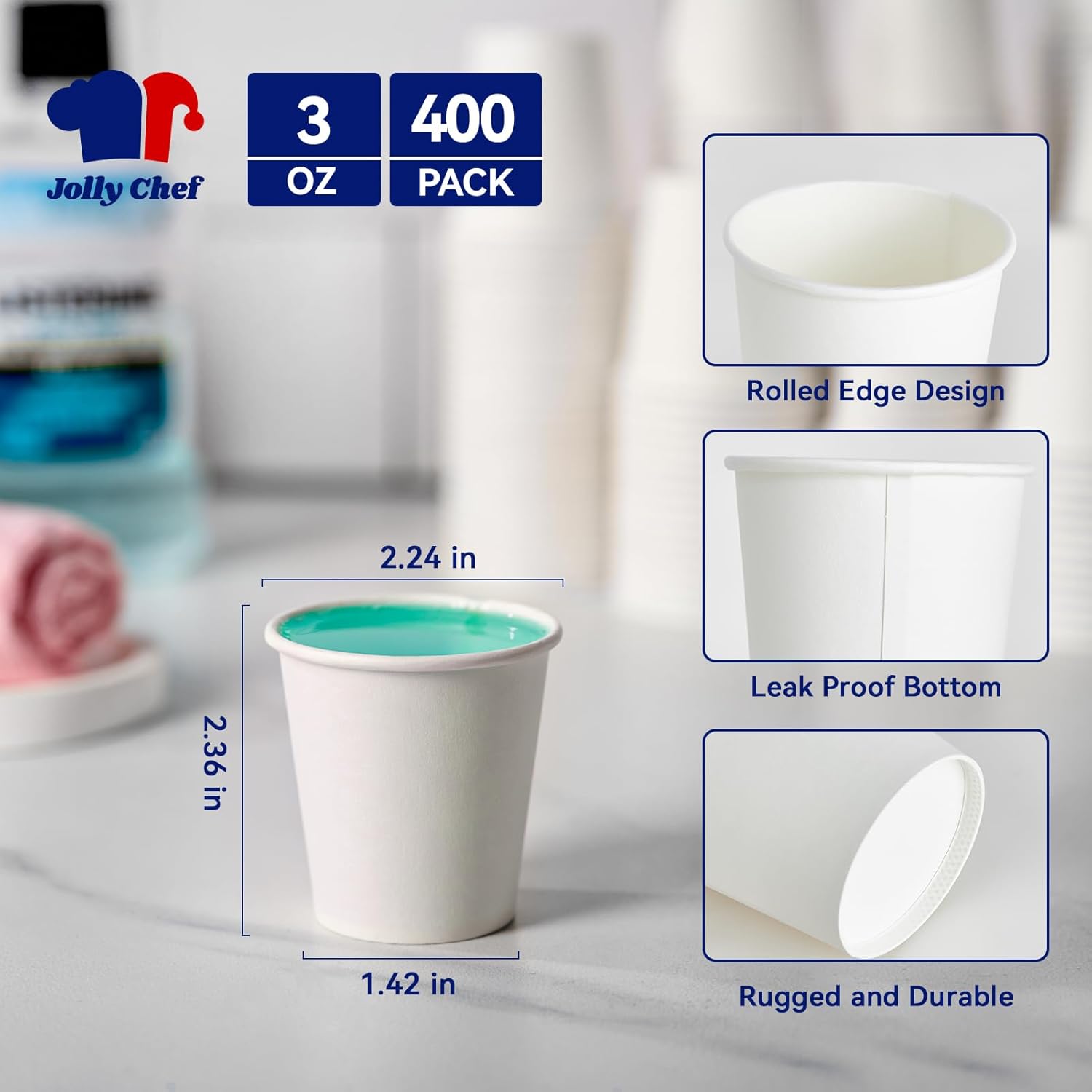 JOLLY CHEF 400 Count 3 oz Paper Cups, Disposable Mini Bathroom Mouthwash Cups for Home, Office, School, Store
