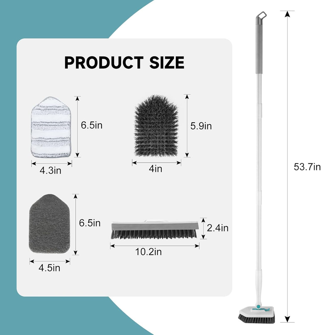 nacena Shower Scrubber with Long Handle, 4 in 1 Tile Tub Scrubber Brush with 3 Detachable Cleaning Heads and V-Shaped Grout Brush Shower Cleaner Brush for Bathroom Kitchen Toilet Tub Sink, Blue White