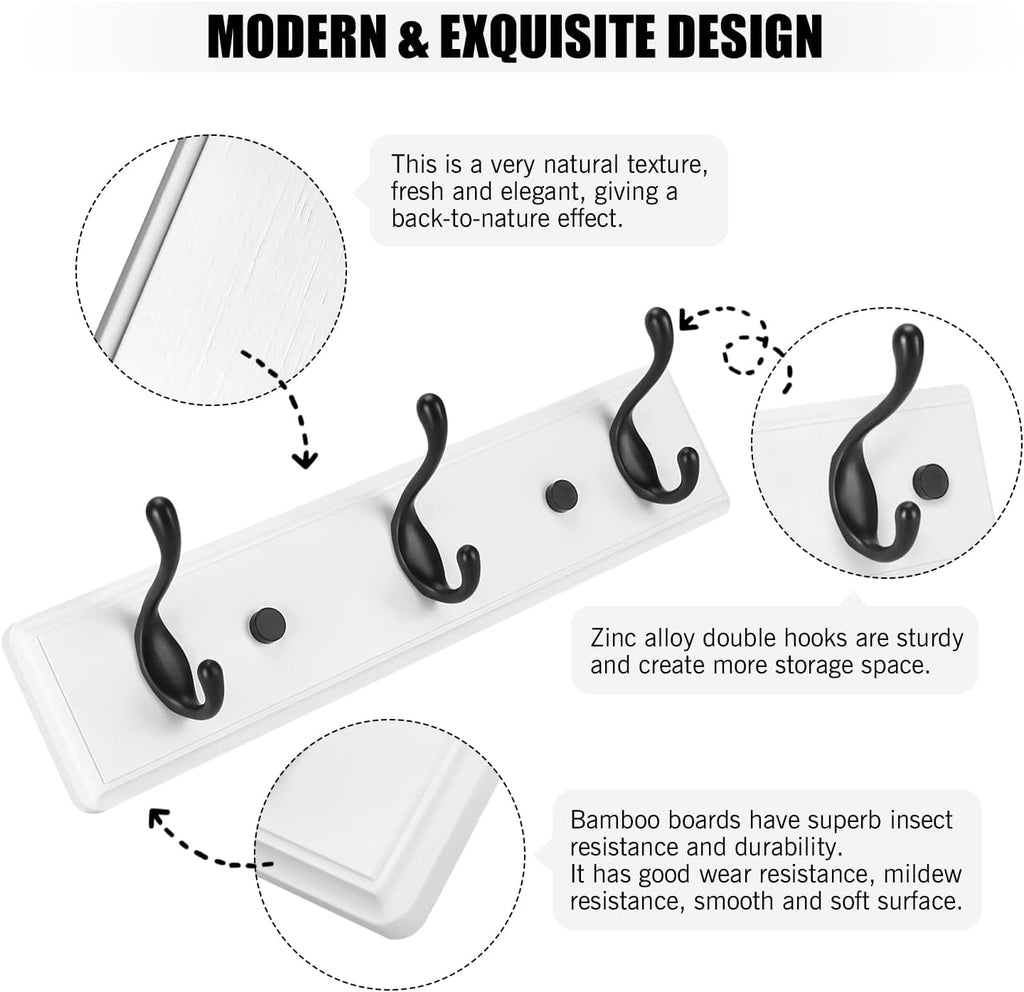 Wooden Coat Rack, Wall-Mounted Organizer for Closet, Entryway, Hallway, Foyer, Bedroom, Heavy Duty Double Hooks for Hanging Towels, Bags, Hats, Jackets, Key (WhiteBlack, 3 Hooks)