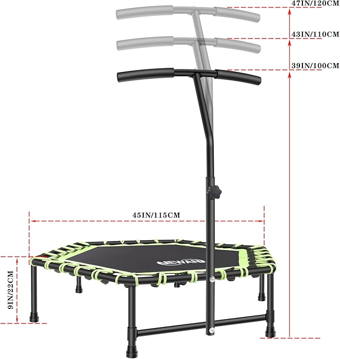 Newan 45'' Fitness Trampoline with Adjustable Handle Bar, Silent Trampoline Bungee Rebounder Jumping Cardio Trainer Workout for Adults - Mini Trampoline Max Limit 330 lbs