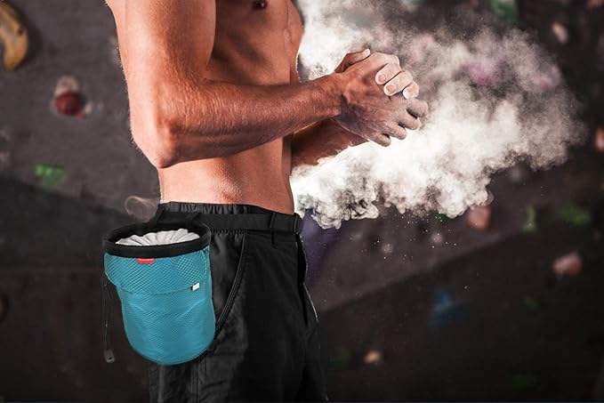 Rhino Valley Climbing Chalk Bag, No Leak Drawstring Chalk Bag with Adjustable Belt, Carabiner Clip and Zippered Pockets Chalk Bag for Climbing, Cross Fit, Weight Lifting & More