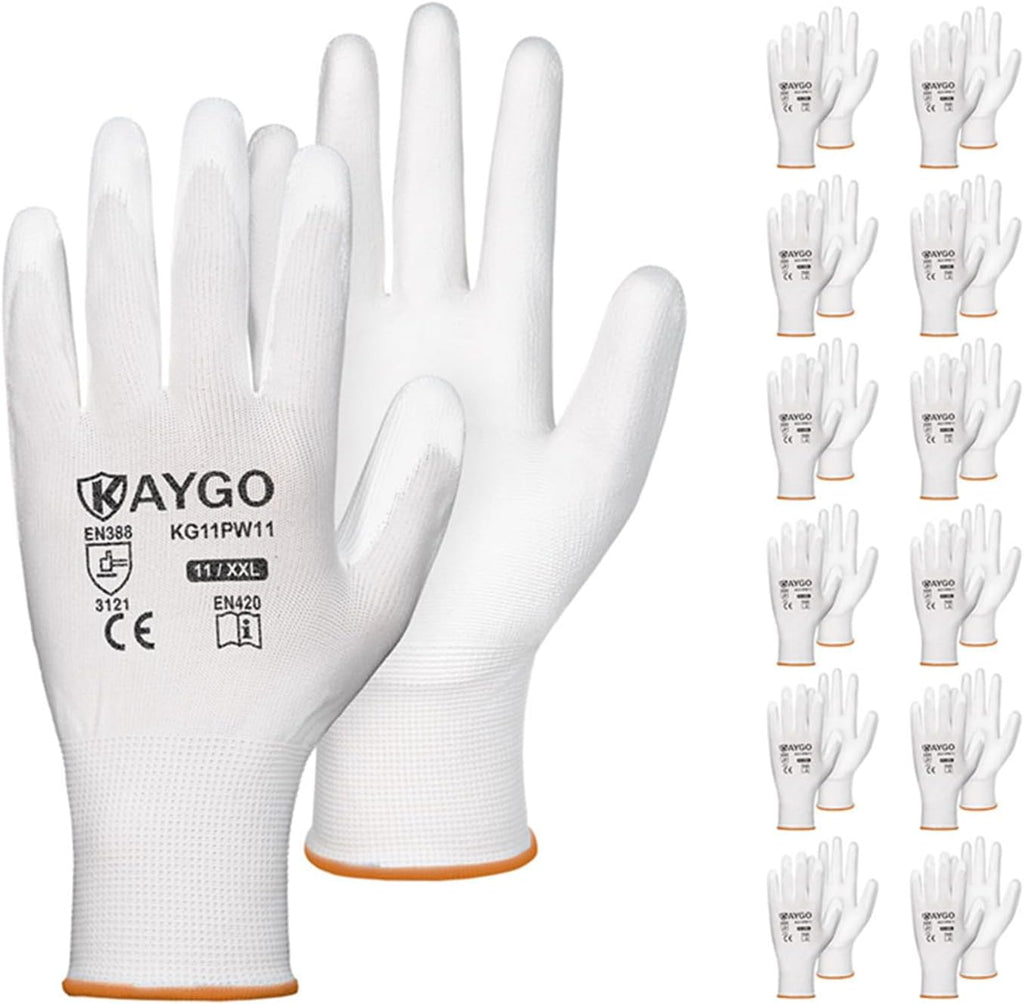 KAYGO Safety Work Gloves PU Coated-12 Pairs, KG11PB, Seamless Knit Glove with Polyurethane Coated Smooth Grip on Palm & Fingers, for Men and Women, Ideal for General Duty Work (XX-Large, White)