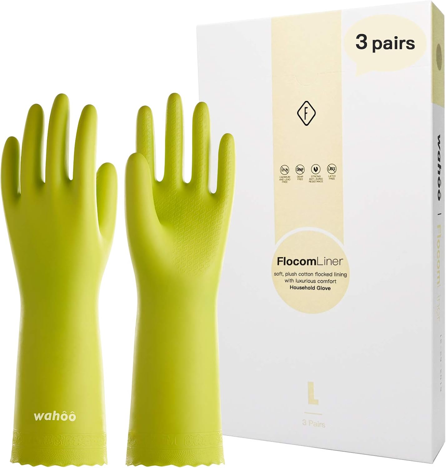 LANON 3 Pairs wahoo Skin-Friendly Cleaning Gloves, Dishwashing Kitchen Gloves with Cotton Flocked Liner, Reusable, Non-Slip, Bud Tender, Large