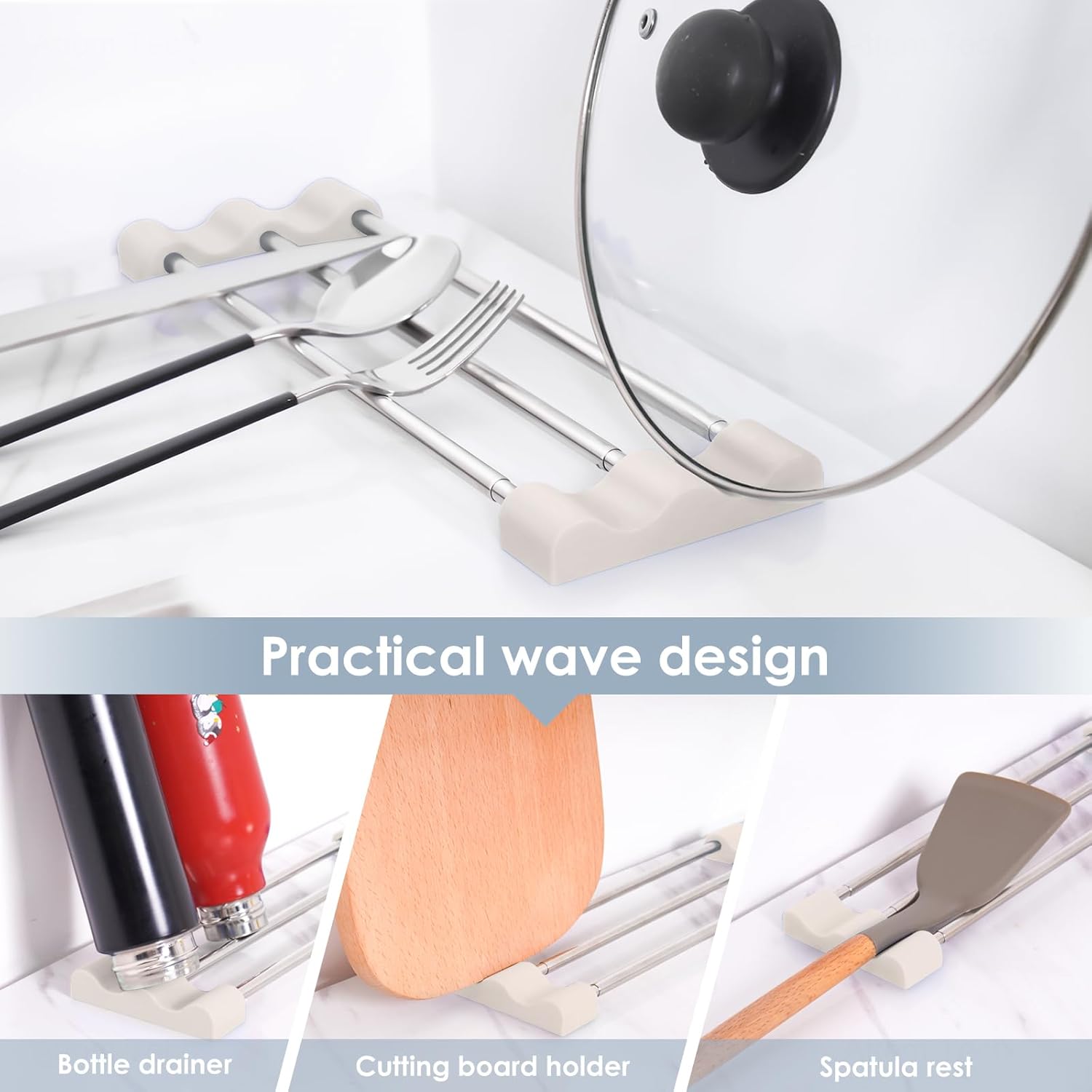 Tomorotec Adjustable Over-The-Sink Kitchen Rack for Dishcloths, Sponges, Bottles and Brushes - Heat-Resistant Stainless Steel with Slim, Expandable Design and Multifunctional Silicone Holder
