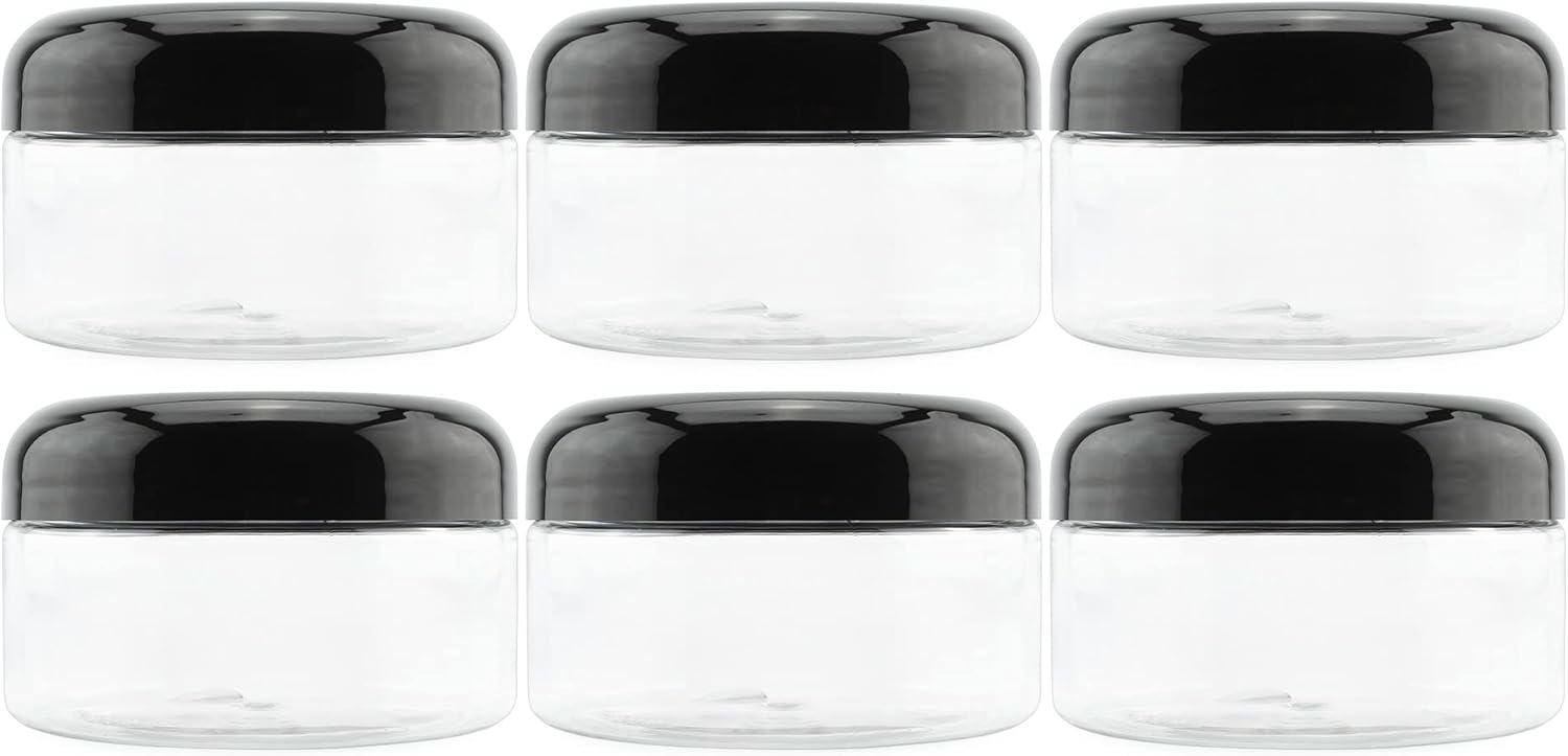 Cornucopia Brands 8oz Clear Plastic Jars w/Black Plastic Lids (6-Pack); BPA Free PET Stackable Containers for Bathroom & Kitchen Storage & Cosmetics