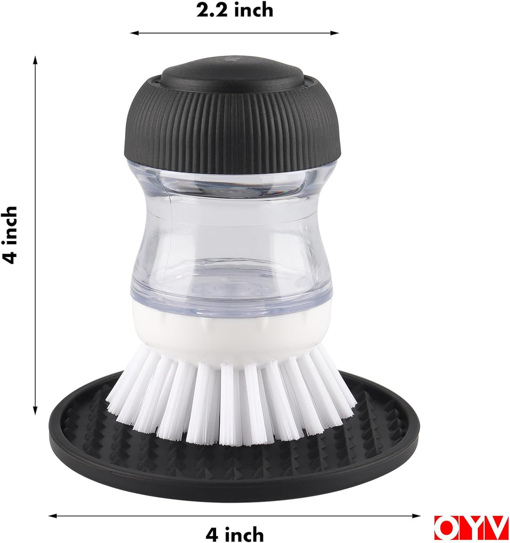 Soap Dispensing Palm Brush, Dish Brush Set with Silicone Drip Tray and One Refill, Kitchen Dish Scrub Brush for Cleaning Pots, Pans, Sinks