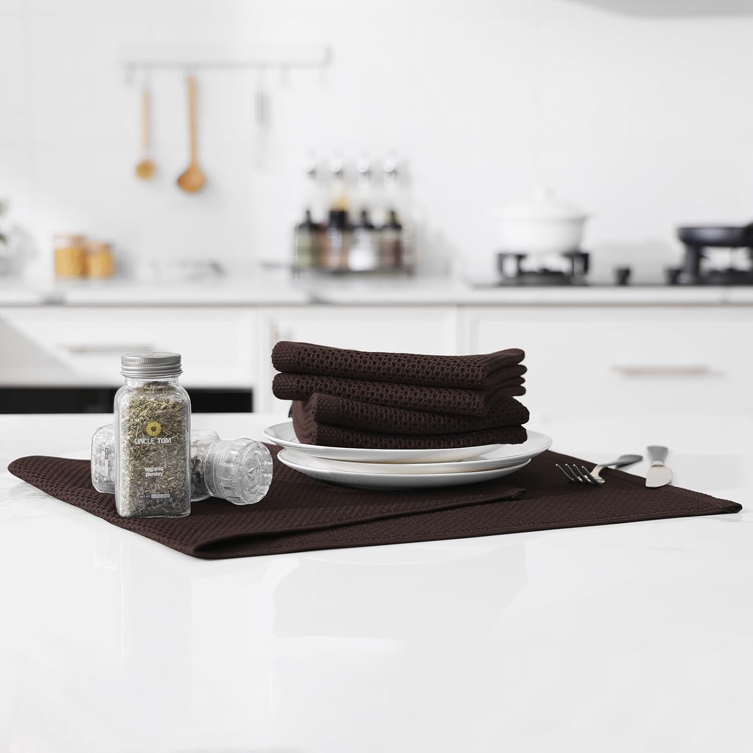 Kitinjoy 100% Cotton Waffle Weave Kitchen Towels, 4-Pack Super Soft and Absorbent Dish Towels for Drying Dishes, Kitchen Hand Towels, 13 in x 28 in, Dark Brown