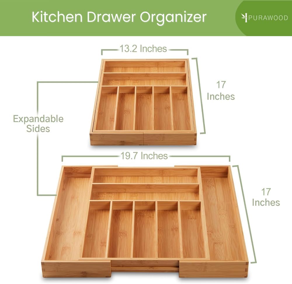 Bamboo Drawer Organizer, 2 Pack - Expandable Silverware Organizer & Utensil Drawer Organizer, Cutlery Tray with Dividers, 7-9 Slots- Premium Kitchen Organizer for Utensils & Flatware (Natural)