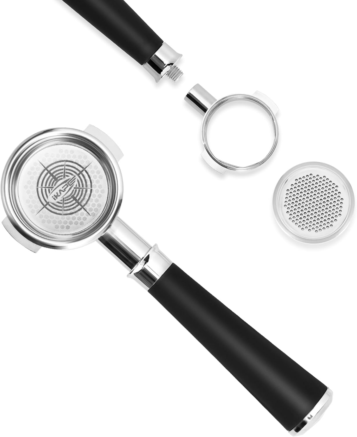 IKAPE 58mm Bottomless Naked Portafilter, Coffee Portafilter with Black Silicone Handle, Fits E61, Flair 58, ECM, Rocket, Sanremo, Synesso, Slayer, VBM Machines, with 18g Capacity Filter Basket