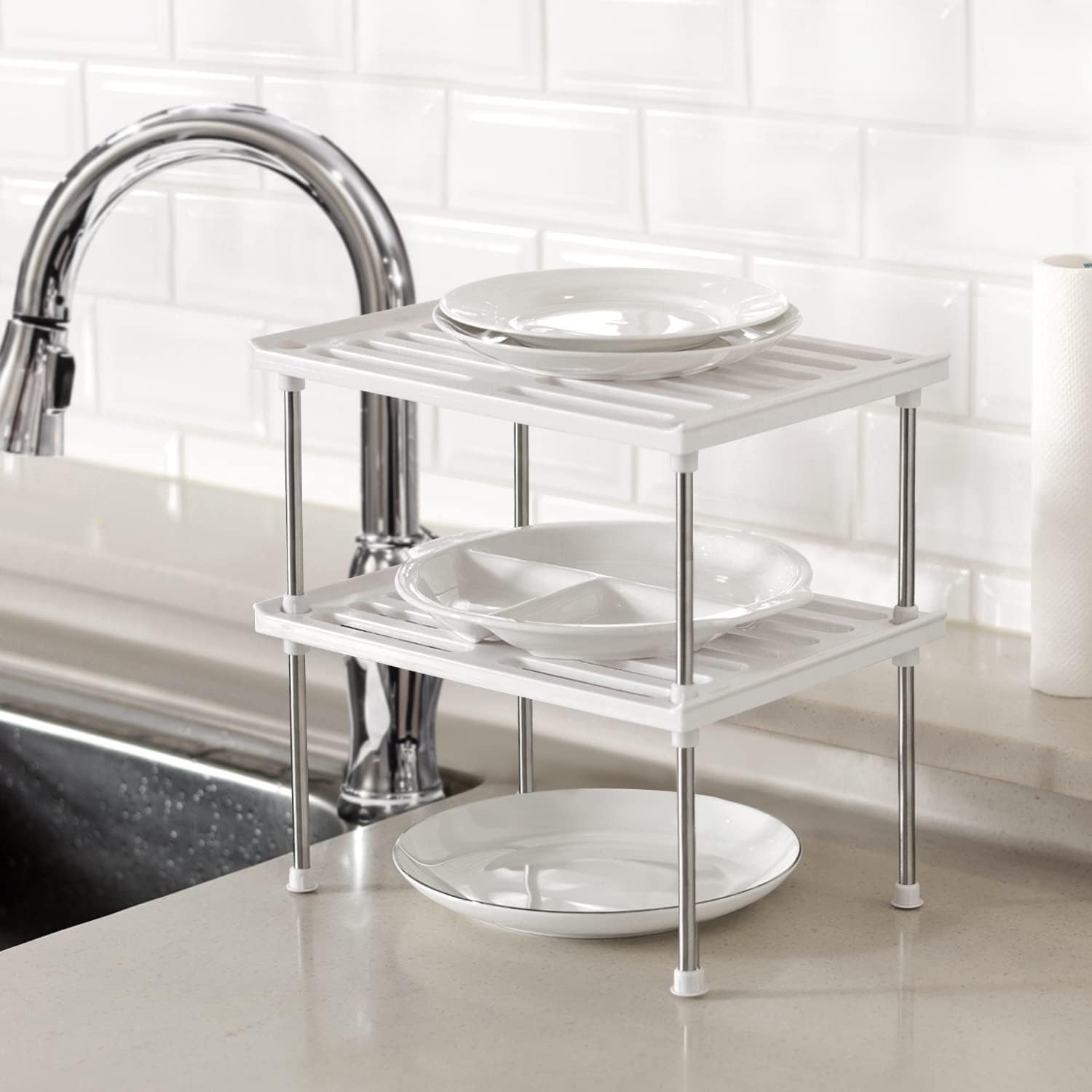 carrotez Kitchen Cabinet Organizer, Cabinet Shelves and Storage, Pantry Storage Shelf Organizer, Kitchen Counter Shelf, Cupboard, Under Sink, Stackable, Expandable, Set of 2, White