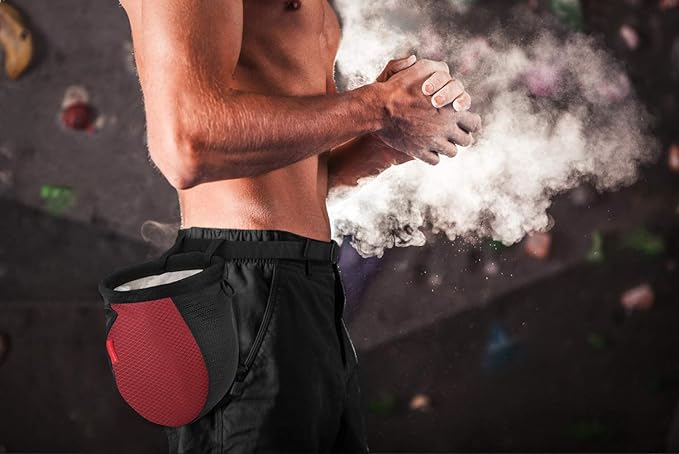 Rhino Valley Climbing Chalk Bag, No Leak Drawstring Chalk Bag with Adjustable Belt, Carabiner Clip and Zippered Pockets Chalk Bag for Climbing, Cross Fit, Weight Lifting & More