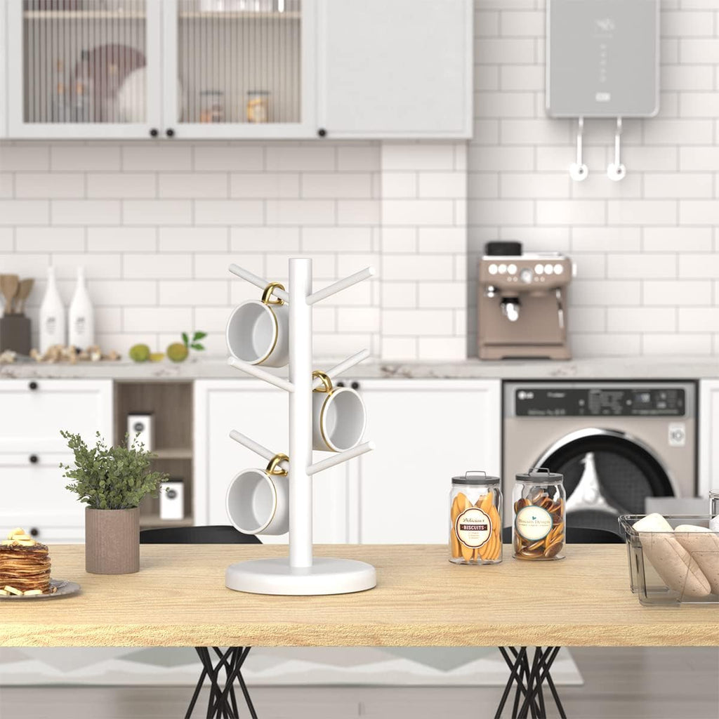 Dorhors Mug Holder Tree,Coffee Cup Holder with 6 Hooks, Wood Mug Rack for Counter,Coffee Bar Accessories and Orgnizer Station,White