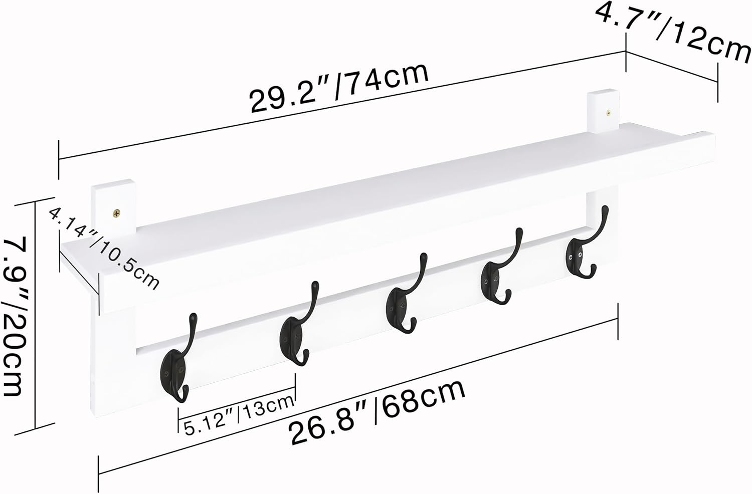 SMIBUY Coat Hooks with Shelf Wall-Mounted, 29.2 Inch Entryway Coat Rack for Wall, Bamboo Hanging Shelf with 5 Double Metal Hooks for Bathroom, Bedroom, Kitchen, Living Room (White + Black)