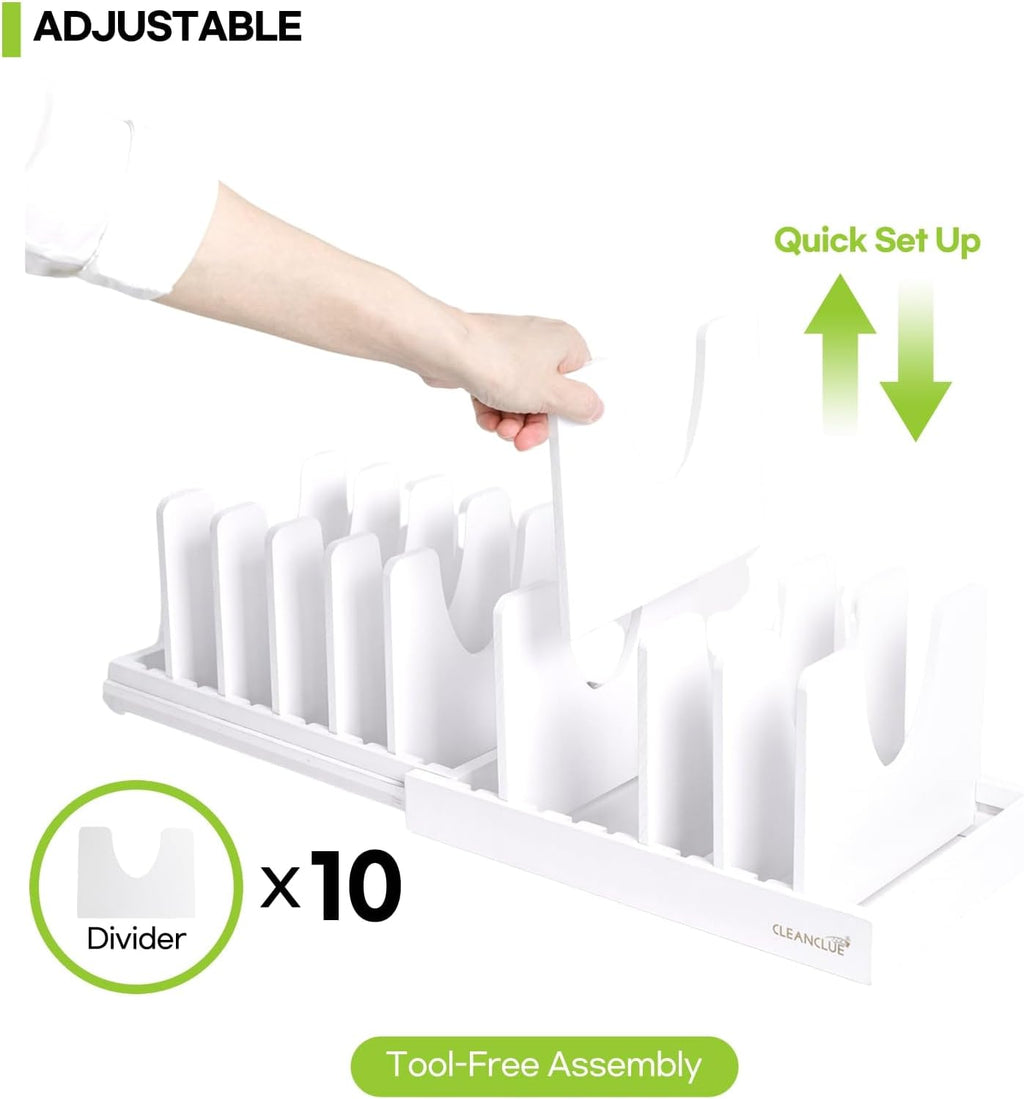 Pots and Pans Organizer under Cabinet, Bamboo Expandable Bakeware and Cutting Board Organizers, Adjustable Pot Lids Holder Rack, Cookie Sheet Baking Pan, Tray Organizer for Kitchen Storage (White)