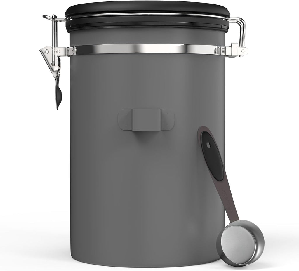HAIOOU Large Coffee Canister, 38OZ Oversized Stainless Steel Coffee Bean Storage Container with Date Tracker, Measuring Scoop, CO2 Releasing Valves for Beans, Grounds and more - Gray