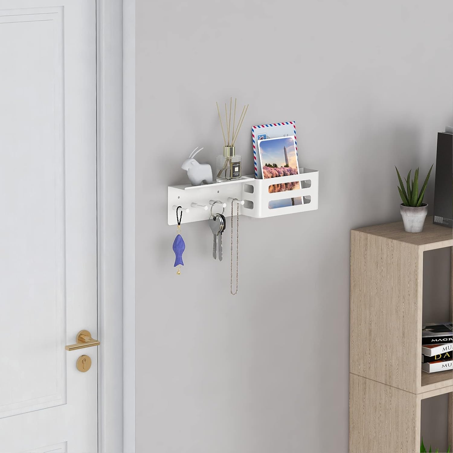 MKO Key Holder for Wall, 12.2In Mail Organizer Holder with Shelf, Metal Key Rack Adhesive Wall Mount, White