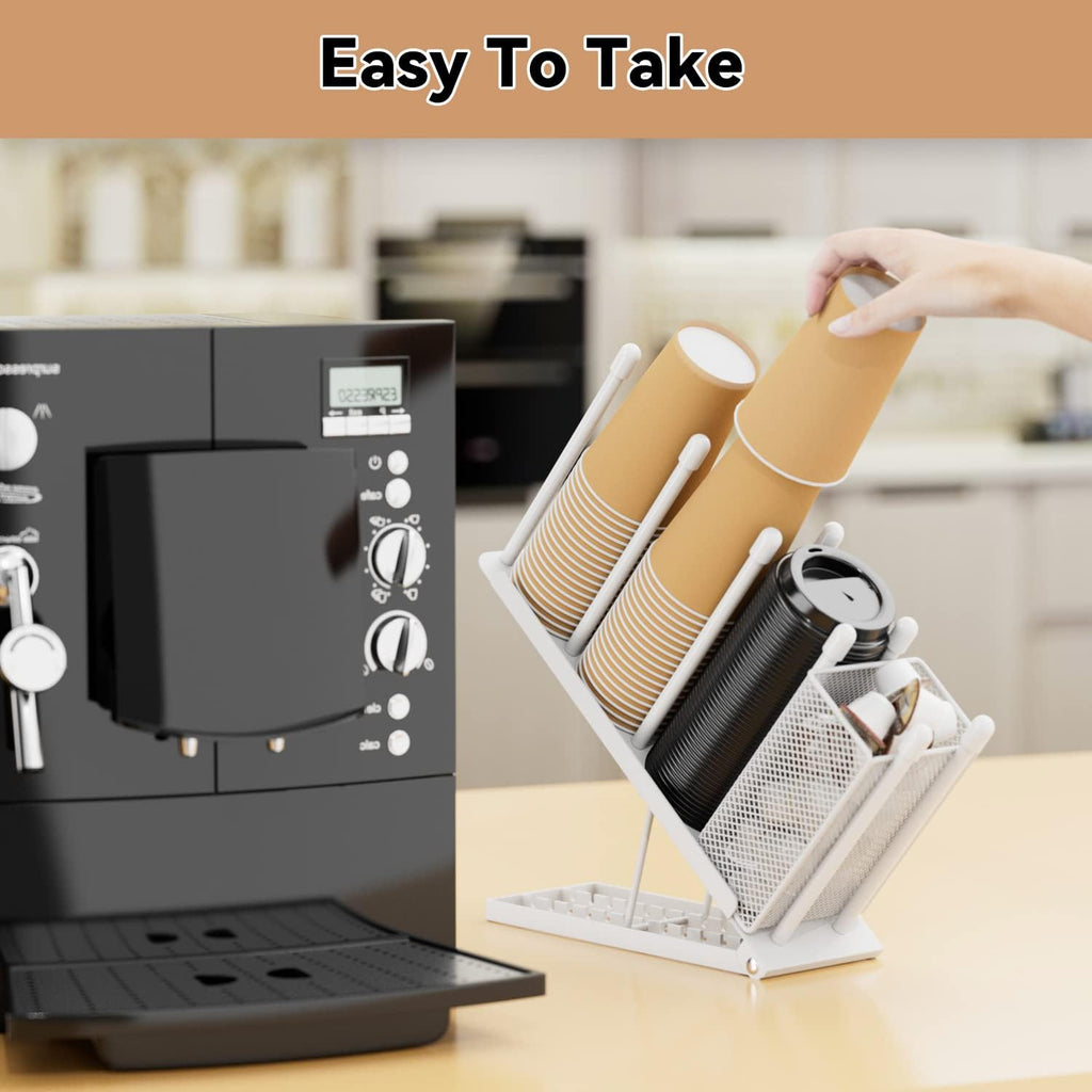 OVICAR Cup and Lid Holder - Adjustable Coffee Cup Holder Organizer 4 Compartment Disposable Cup Dispenser with Coffee Pod Straw Storage Basket for Coffee Station Bar Countertop Breakroom Metal White