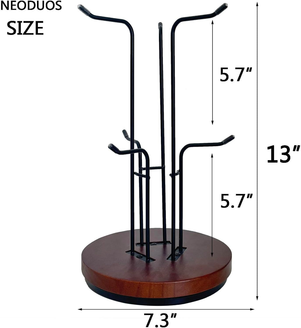 Mug Holder Tree,360° Rotated 6 Hooks Coffee Cup Holder for Large Cups,Metal Coffee Cup Rack Stand for Countertop with Stable Wooden Base, Kitchen Counter Decor