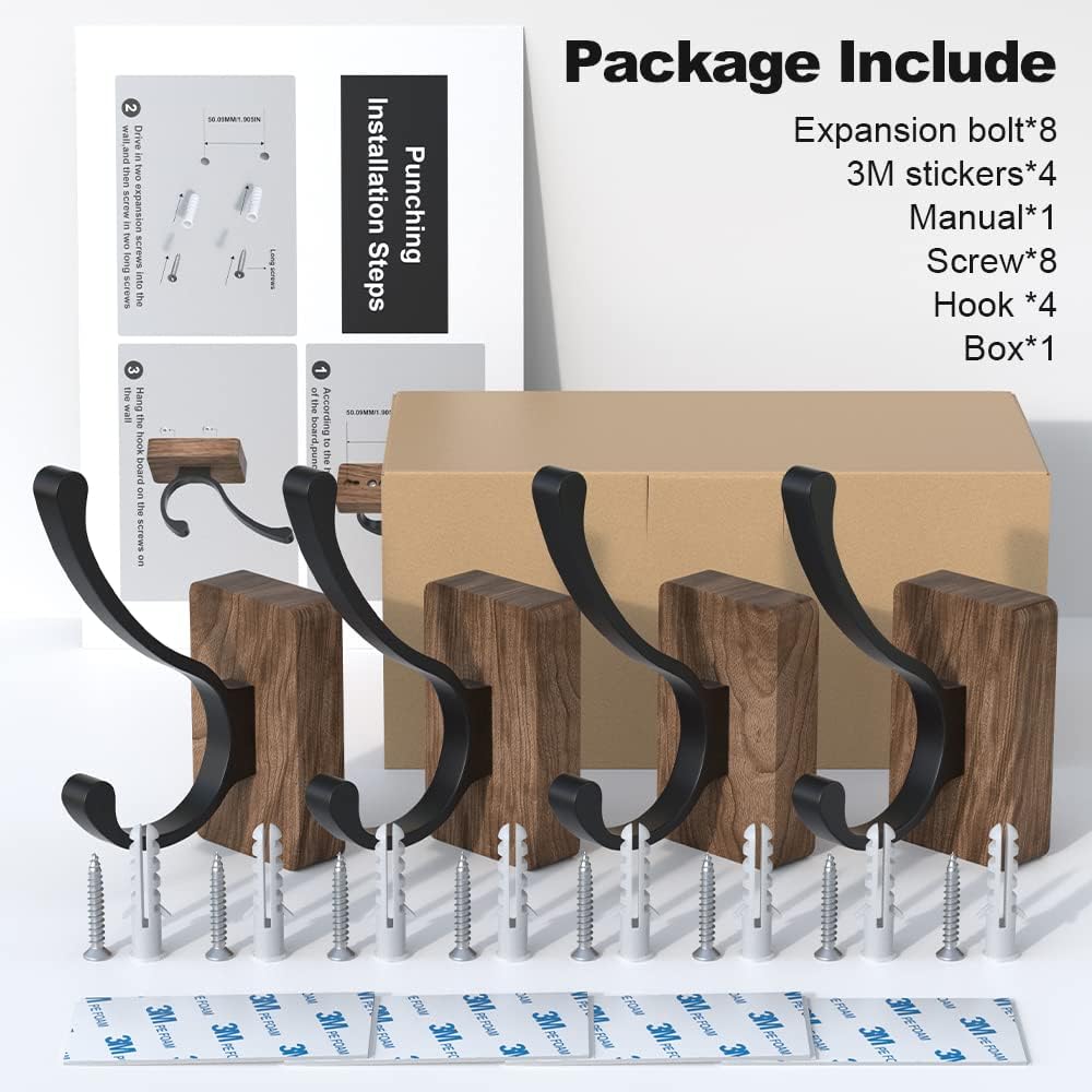 4 PCS Black Walnut Wood Wall Hooks Adhesive Mounted & Wall Mounted Rustic Decorative Entryway Hooks Mid Century Modern Natural Wooden Pegs for Hanging Coat Clothes Hat Bag Purse and Towel