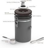 HAIOOU Airtight Coffee Canister Wood Grain [New Version], 22OZ Large Stainless Steel Coffee Bean Storage Container with Date Tracker, Measuring Scoop, CO2 Releasing Valves - Walnut and Gray