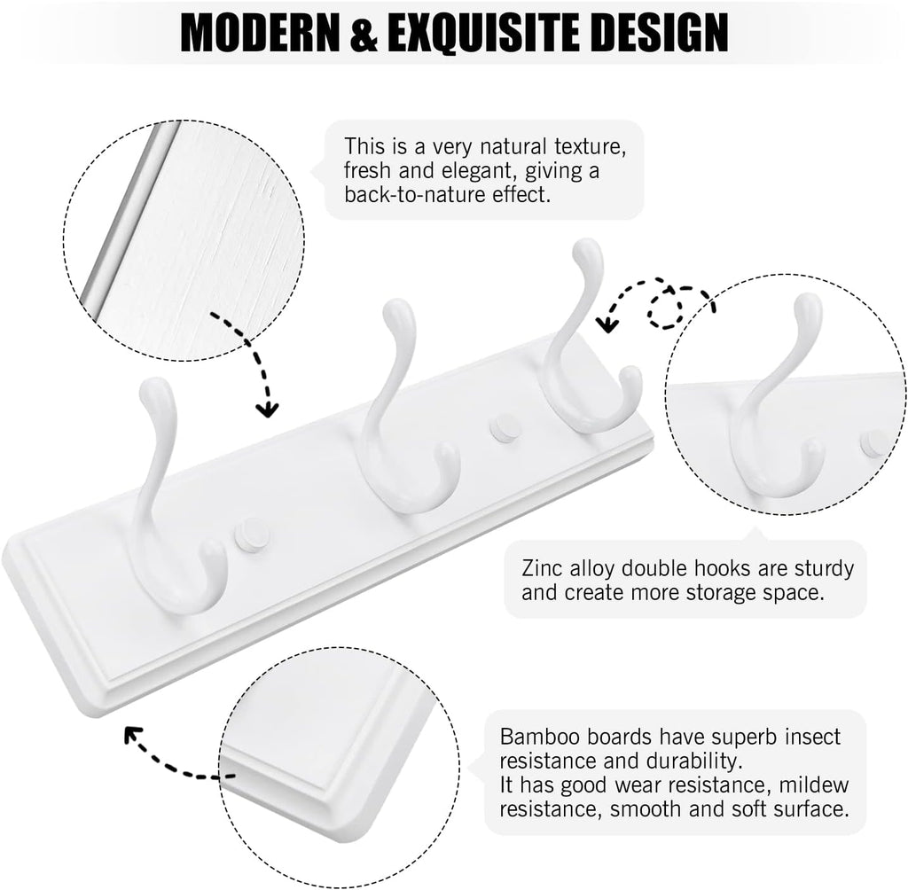 Wooden Coat Rack, Wall-Mounted Organizer for Closet, Entryway, Hallway, Foyer, Bedroom, Heavy Duty Double Hooks for Hanging Towels, Bags, Hats, Jackets, Key (White, 3 Hooks)