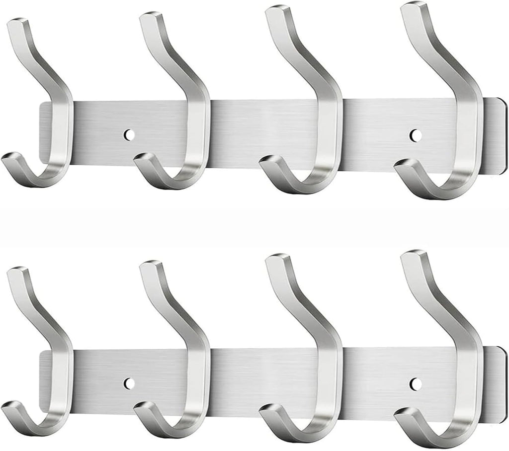 Wall Hooks Heavy Duty, 12 Inch Coat Rack Wall Mount with 4 Hooks, Silver Wall Hooks Hangers for Entryway, Bathroom - for Hanging Backpack, Bag, Coat, Purse, Hat, Towel, Clothes,2 Packs