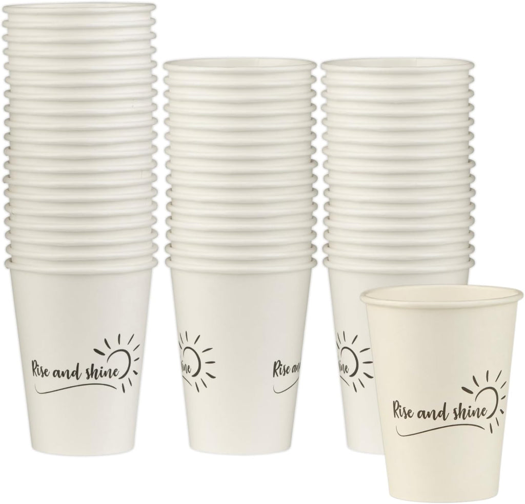 Smygoods Disposable Coffee Cups, To Go Paper Hot Cups, Rise and Shine Design (12 OZ, 50 Count) For Hot Beverages, Coffee, Tea, Espresso, Cocoa - Vasos Para Cafe