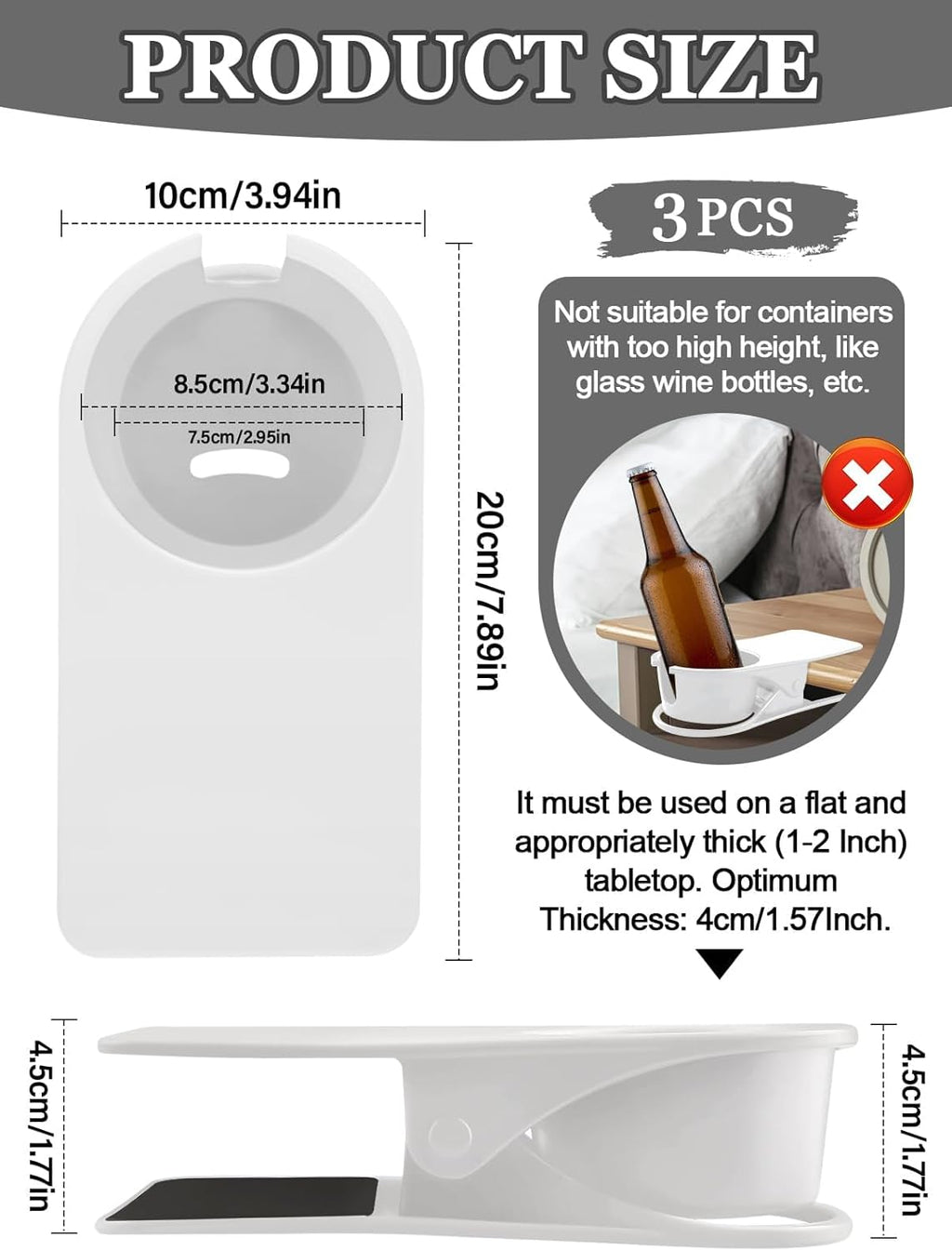 3PCS Drinking Cup Holder Clip Kalolary Chair Desk Bottle Cup Stand DIY Glass Clamp Storage Saucer Clip with Groove for Potted Plant Beverage Coffee Mug Holder Clip for Home & Office (White)