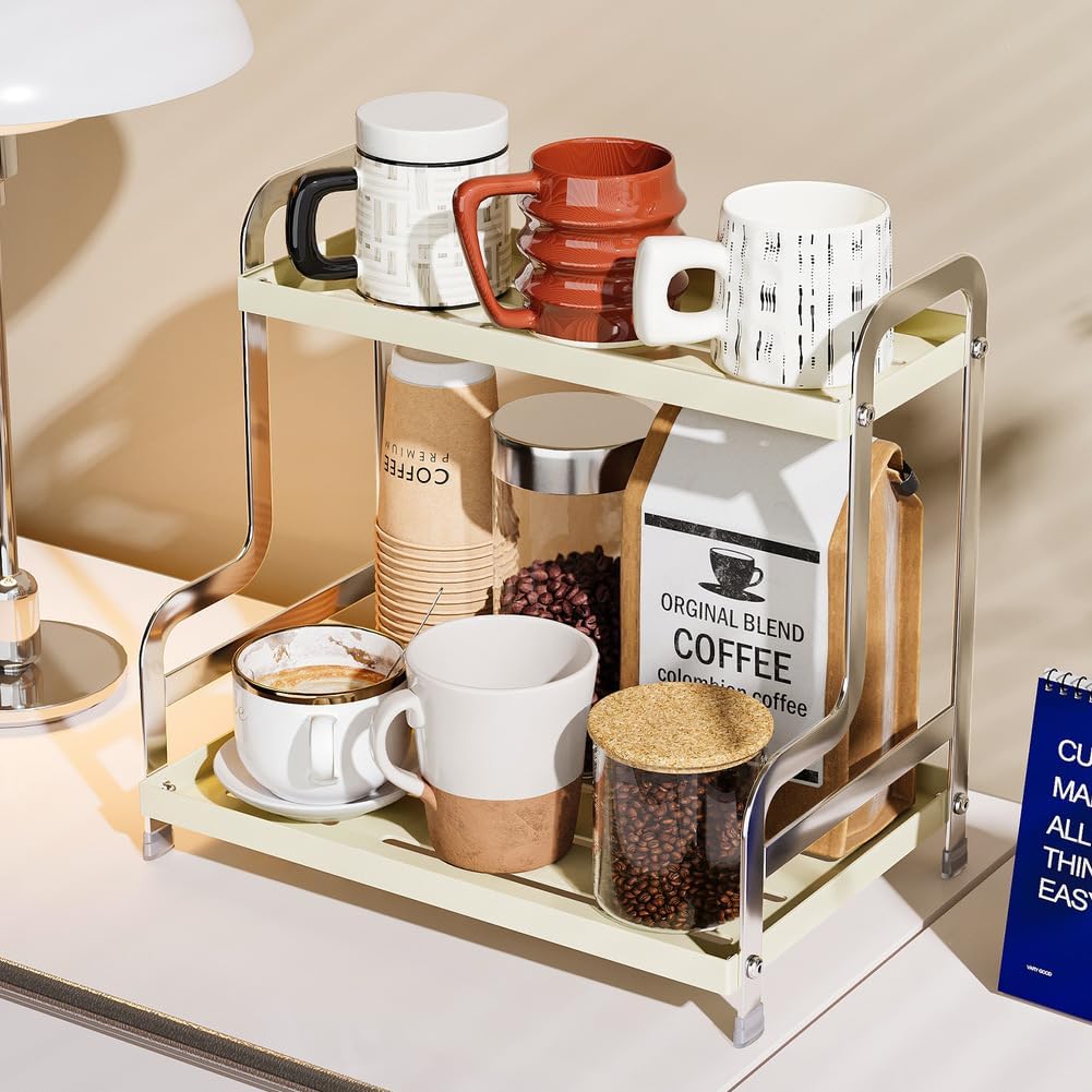 KISKIS Coffee Mug Cup Holder Space Saving 2-Tier Sturdy Stable Metal Storage Shelf, Prevent Falling Scratch Resistant Kitchen Rack Office Bathroom Desktop Organizer,White