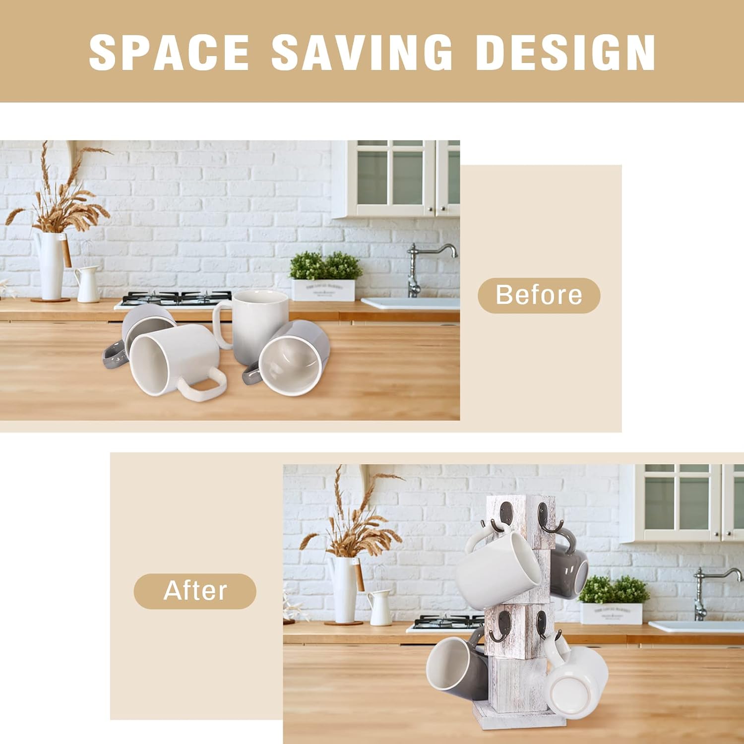 Coffee Mug Holder Tree, Rustic Solid Wood Mug Tree Stand with 8 Hooks, Farmhouse Coffee Cup Holder for Counter, Mug Hanger for Kitchen Organizer, Farmhouse White