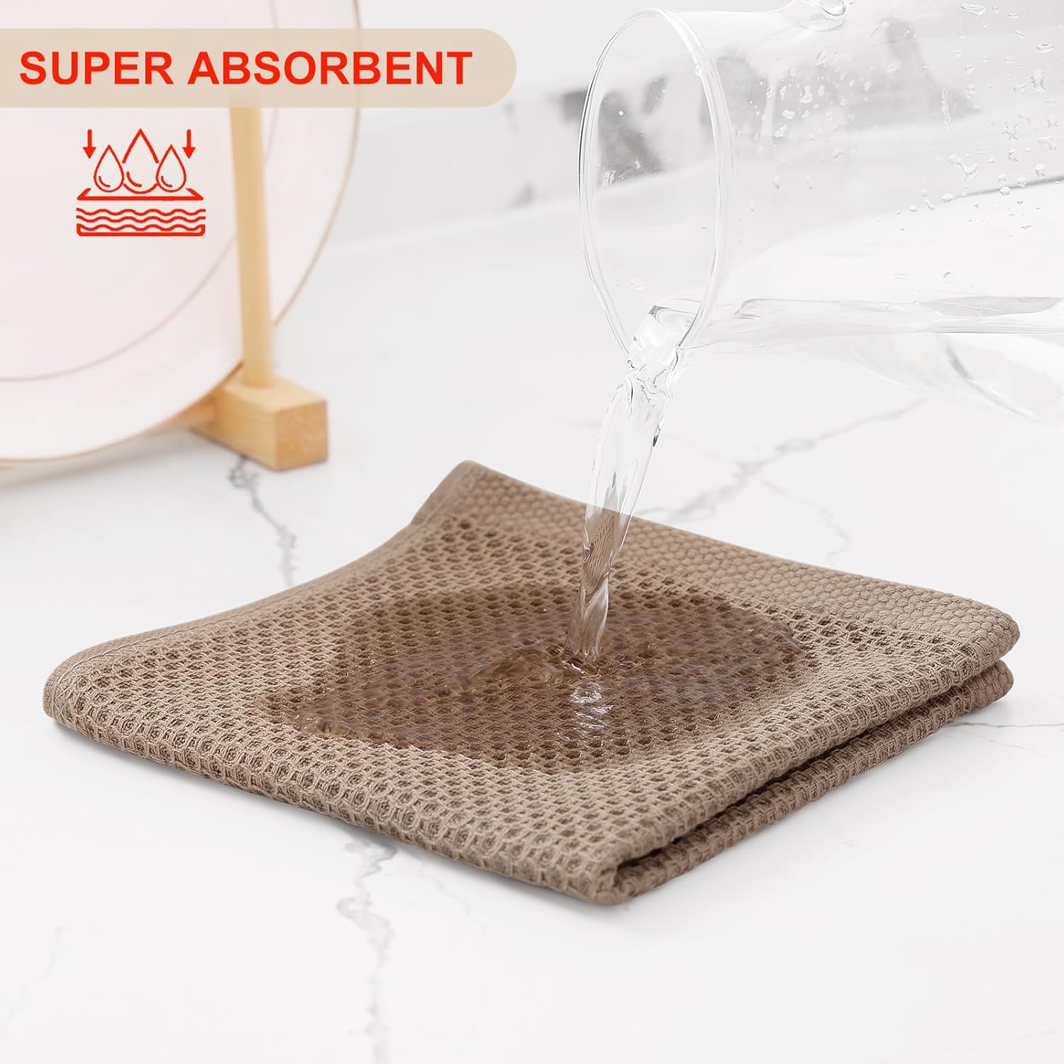 Kitinjoy 100% Cotton Kitchen Dish Cloths, 8 Pack Waffle Weave Ultra Soft Absorbent Towels for Drying Dishes, Quick Drying Kitchen Rags, 12 X 12 Inches, Tan