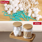 Bamboo Vanity Tray, Bathroom Tray Organizer Glass Qtip Holder Dispenser Apothecary Jars for Cotton Swabs Balls, Round Pad, Perfume Candles, Cosmetics and Jewelry Storage Organizer
