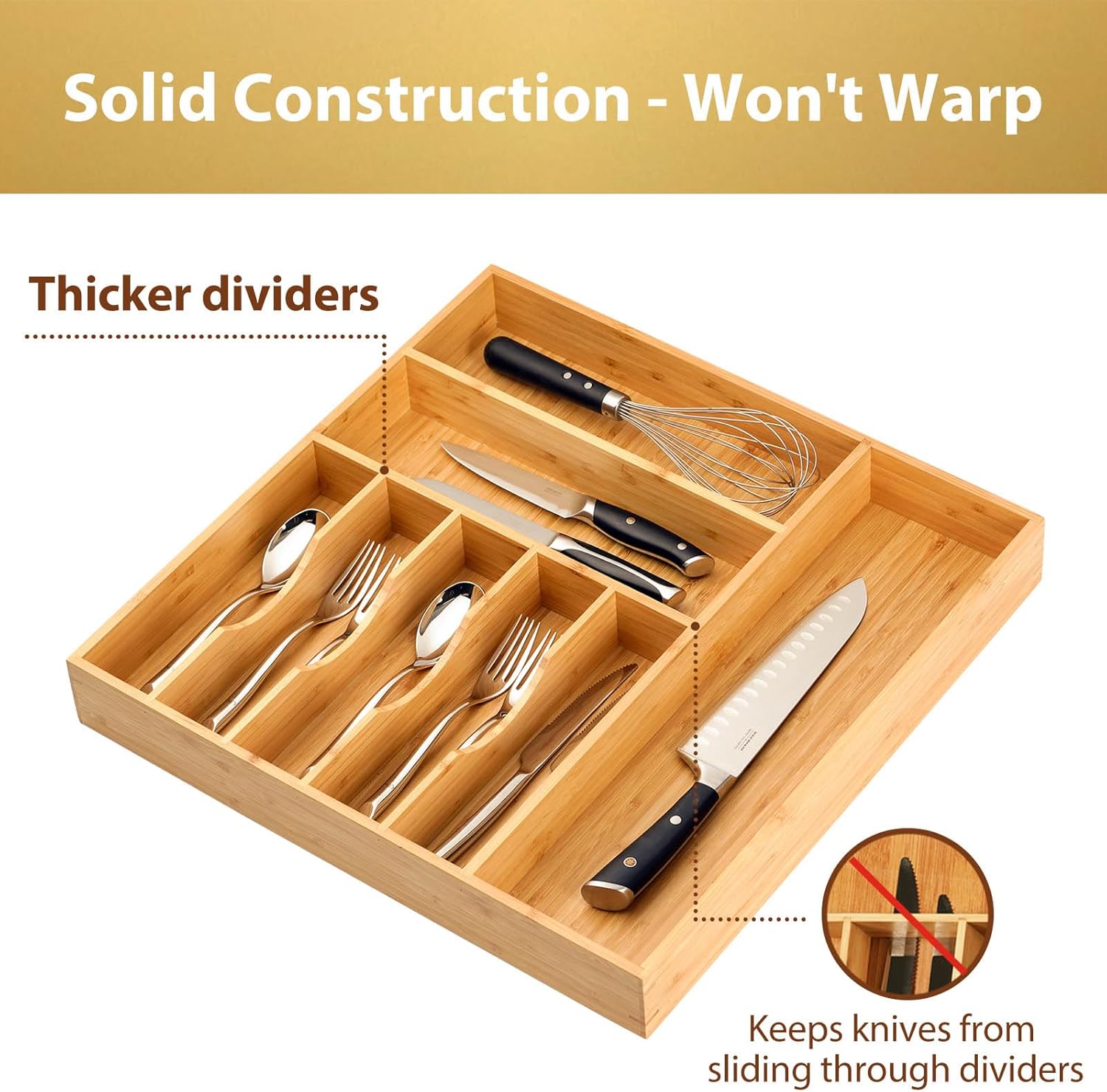 Umilife Large Kitchen Drawer Organizer, 19"x19" Silverware Utensils Organizer, 2.5" High for Large Deep Drawers, Bamboo Flatware Holder with Thick Frames, Sturdy Kitchen Organization Tray