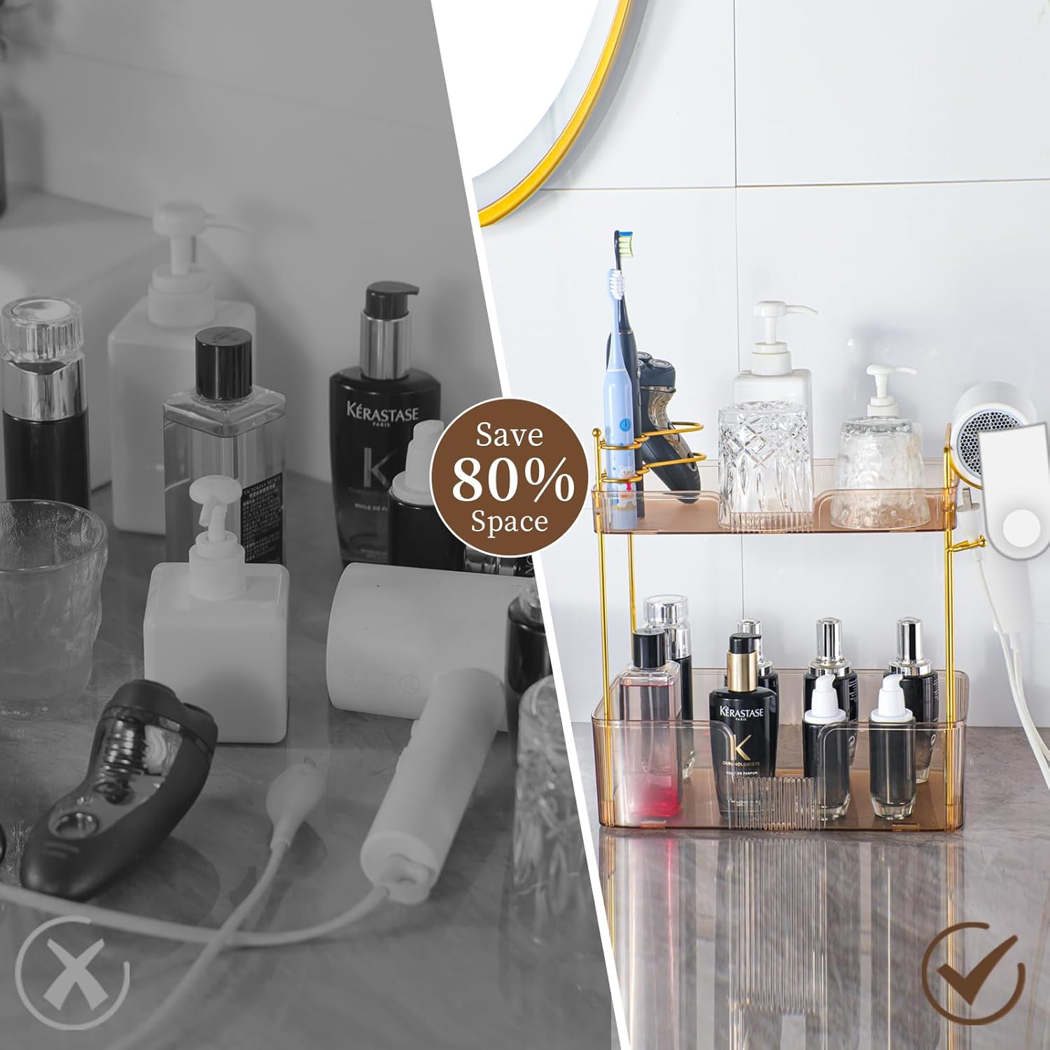 YCIA&DONE Bathroom Counter Organizer, Large Makeup Organizer Countertop, Shelf Storage, Vanity Tray, Easily Assemble for Bathroom Organizers and Storage, Undersink, Cabinet,2 Tiers Amber