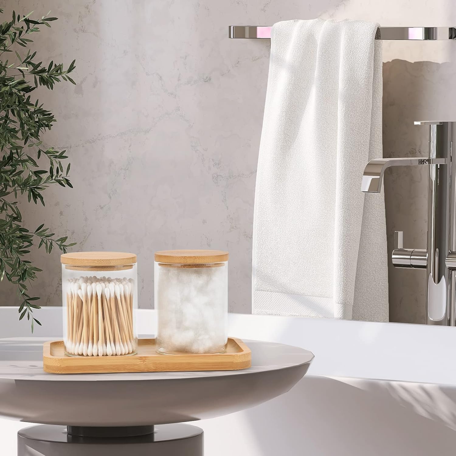 Bamboo Vanity Tray, Bathroom Tray Organizer Glass Qtip Holder Dispenser Apothecary Jars for Cotton Swabs Balls, Round Pad, Perfume Candles, Cosmetics and Jewelry Storage Organizer