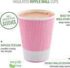 Restaurantware 8 Ounce Ripple Wall Paper Coffee Cups, 25 Leakproof Disposable Hot Drink Tumblers, Recyclable, Insulated Light Pink Design, Matching Lids available for Cups and Sold Separately