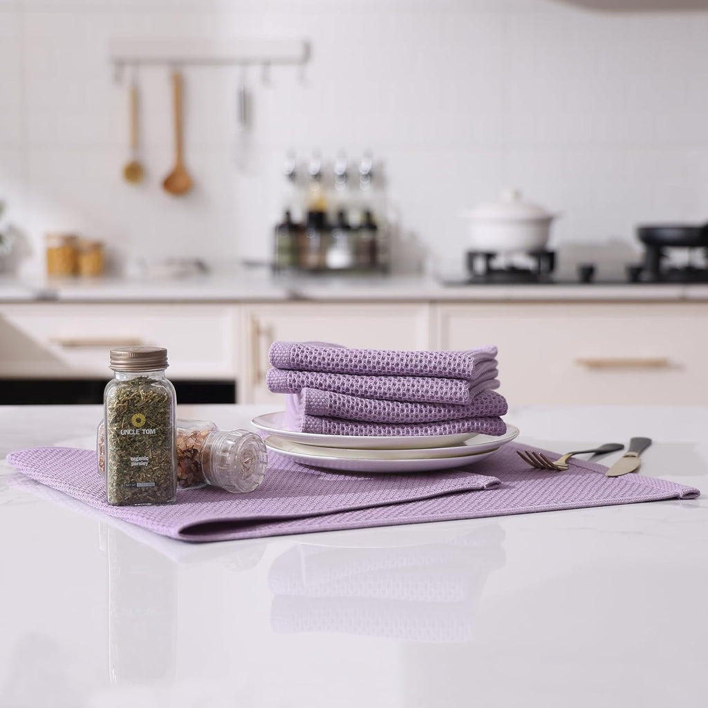 Kitinjoy 100% Cotton Waffle Weave Kitchen Towels, 4-Pack Super Soft and Absorbent Dish Towels for Drying Dishes, Kitchen Hand Towels, 13 in x 28 in, Lavender