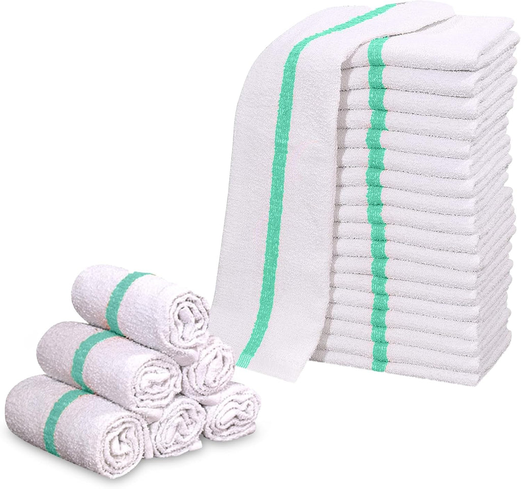 GOLD TEXTILES New Cotton Blend White Restaurant Bar Mops Kitchen Towels (36, Green Stripe)