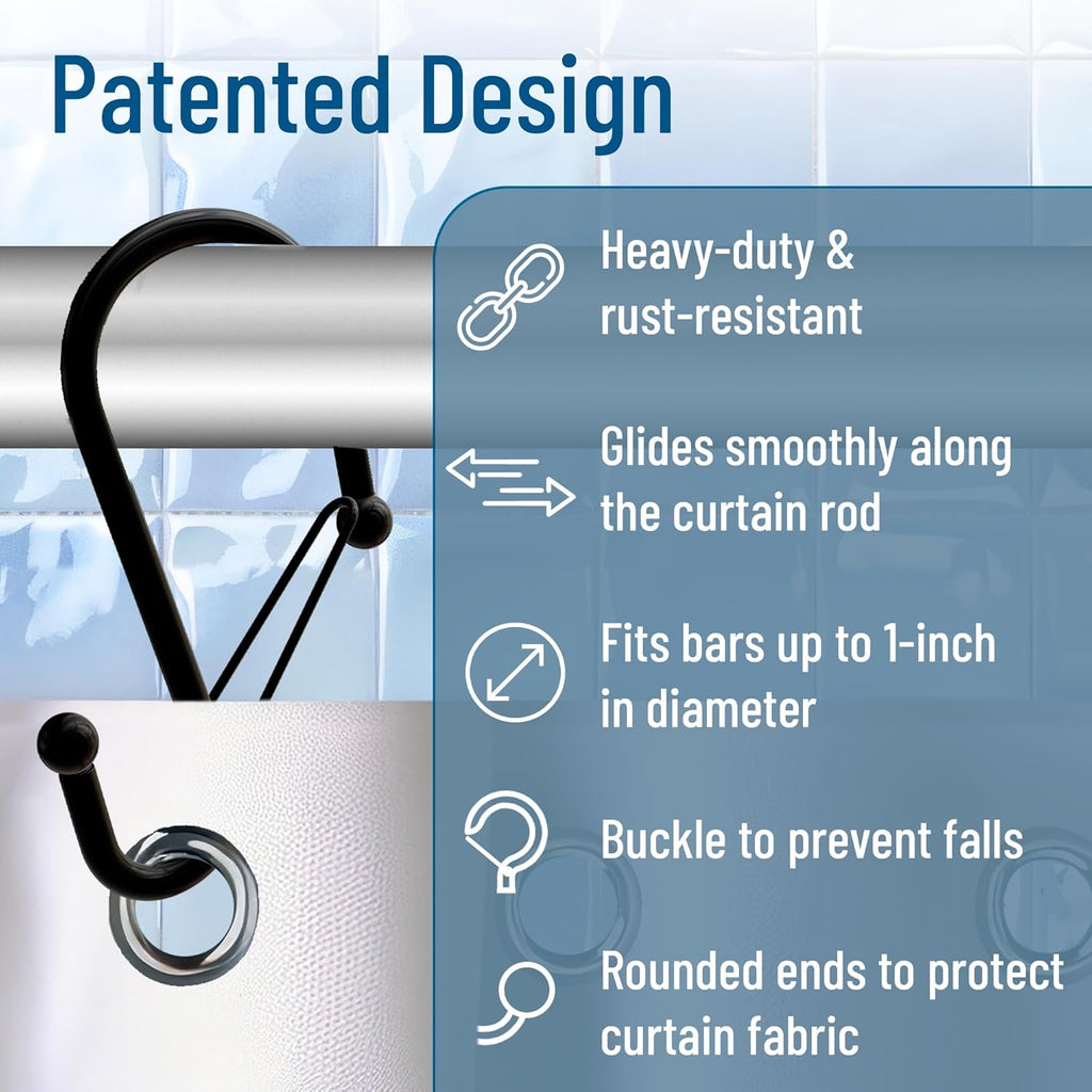 Set of 12 Black Metal S Hook Shower Hooks 1” – Closed, Heavy Duty, Long Decorative Shower Curtain Hooks, Easy Glide, Buckle, Large Rust Resistant Rings for Bathroom Rods (Black, S)