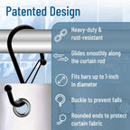 Set of 12 Black Metal S Hook Shower Hooks 1” – Closed, Heavy Duty, Long Decorative Shower Curtain Hooks, Easy Glide, Buckle, Large Rust Resistant Rings for Bathroom Rods (Black, S)