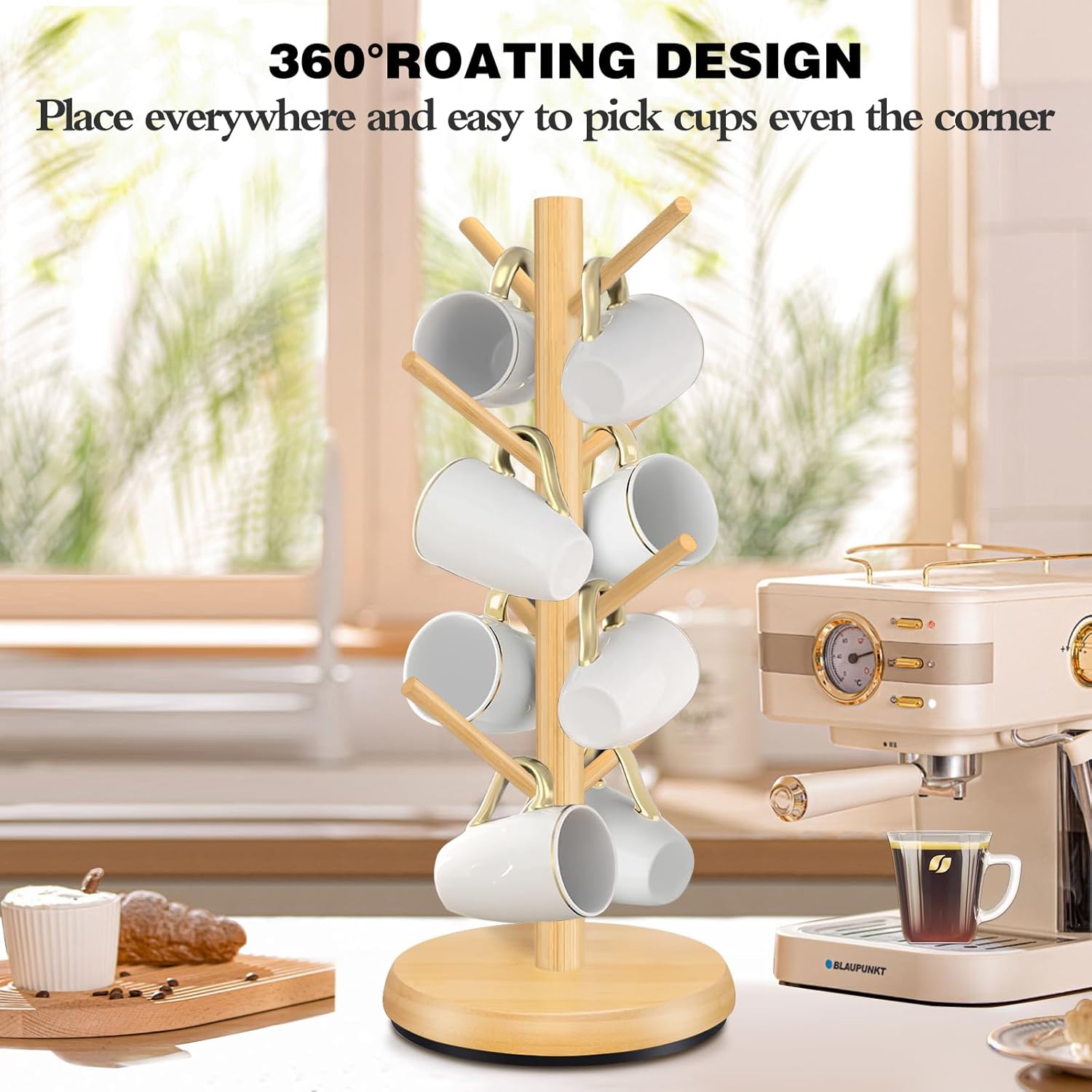 Mug Holder Tree,New Upgraded 360° Rotated 8 Hooks Coffee Cup Holder for Counter,Wood Coffee Mug Rack Standing for Coffe e Bar Accessories and Kitchen Home Organizer(Natural)