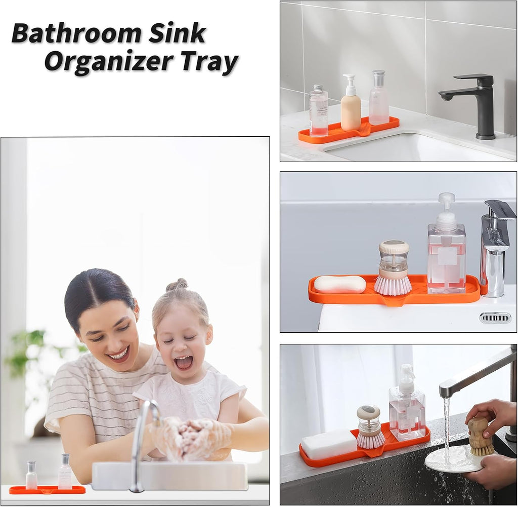 Silicone Bathroom Soap Dishes with Drain Spout-Bathroom and Kitchen Sink Organizer,Sponge Holder,Dish Soap Tray,Perfect for Dispenser,Scrubber,Bottle,Cup on Sink or Counter-Orange 12"×4"