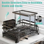 2 Tier Dish Drying Rack - Large Extendable Dish Rack, 2-in-1 Anti-Rust Stainless Steel Dishrack for Kitchen Counter and Sink, Dish Strainer with Utensil Holder & Cup Holder(Black)