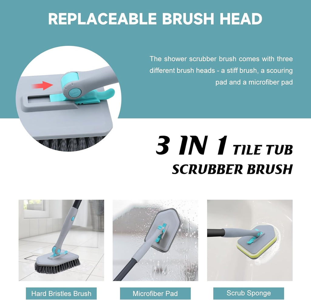 nacena Shower Scrubber with Long Handle, 3 in 1 Tile Tub Scrubber Brush with 3 Detachable Cleaning Heads Adjustable Handle Shower Cleaner Brush for Bathroom, Kitchen, Toilet, Wall, Sink, Black Grey