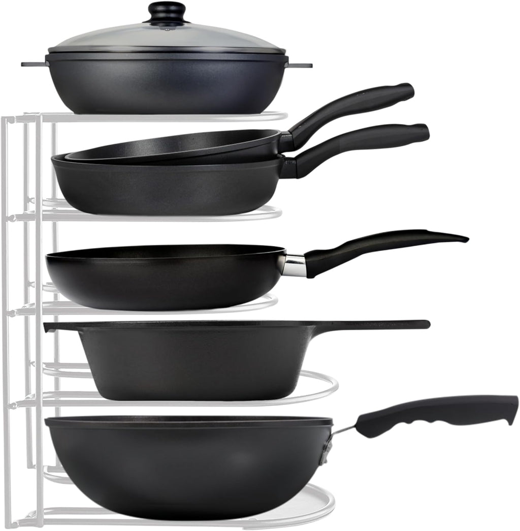Heavy-Duty Pots and Pans Organizer | 5-Tier Cookware & Lid Storage Rack | Free-Standing or Wall-Mount | Kitchen Organizer for Cast Iron Skillets, Pots, Frying Pans, Lids | White