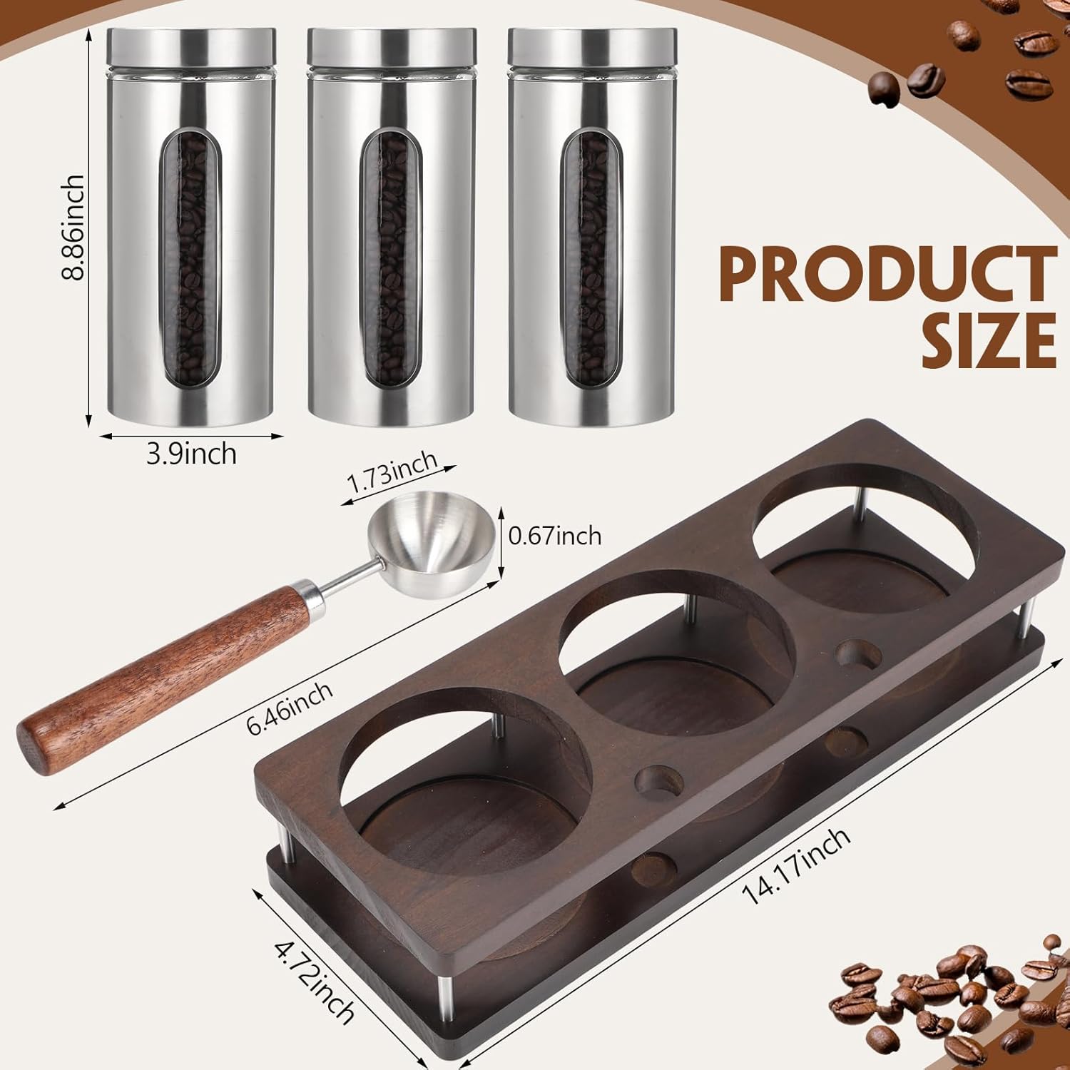 Suclain Stainless Steel Coffee Grounds Canisters with Shelf 3 x 50oz Sugar Coffee Bean Storage Container with Airtight Threaded Lid, Glass Window, Scoop Kitchen Storage Jar Set for Bar Creamer Nut Tea