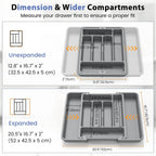 Caperci Large Silverware Organizer for Kitchen Drawer & Utensils - Expandable Drawer Organizer for Cutlery, Flatware & Gadget, BPA-Free Thick Plastic, Wider Compartments & Non-skid Feet (Medium Gray)