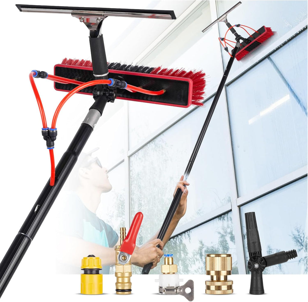 26ft Water Fed Pole Kit, Rotatable Solar Panel Cleaning Brush & Squeegee, 2 Dusting Brushes, Extendable Black Lightweight Pole for Roof Window